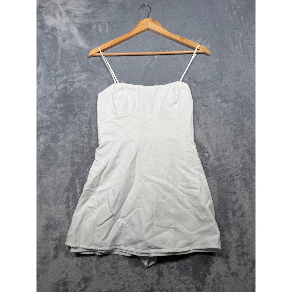 Zara Summer Mini Dress Womens M White Smocked Back Linen Blend Spaghetti Straps